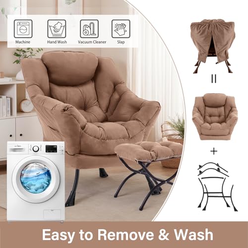 Lazy Chair with Ottoman, Soft Comfy Chair for Bedroom, Khaki | Reading Accent Lounge Chair with folding Foot Stool for Living Room Dorm Apartment, sturdy metal frame - color: Khaki