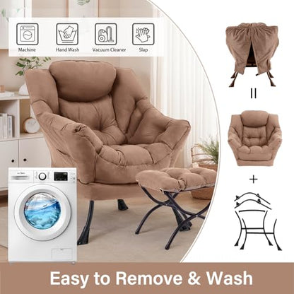 Lazy Chair with Ottoman, Soft Comfy Chair for Bedroom, Khaki | Reading Accent Lounge Chair with folding Foot Stool for Living Room Dorm Apartment, sturdy metal frame - color: Khaki