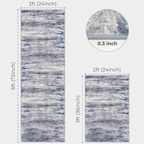 KOZYFLY Modern Abstract Area Rugs 2PCS 2x3 and 2x6 Blue-Grey Machine Washable Runner Rug Non-Slip Living Room Rug, Faux Wool Soft Low Pile Office Carpet for Hallway Entryway Bathroom Bedroom - color: Blue-grey, size: 2' x 3' (Set)