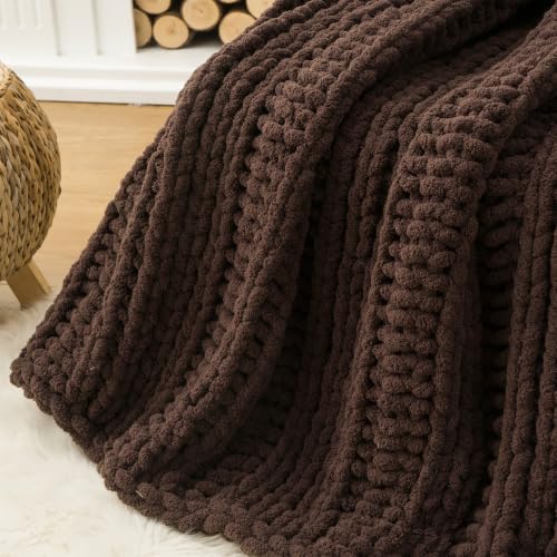 Battilo Chunky Knit Throw Blanket for Couch, 50"x60", Chocolate Brown | Hand Knit, Gift Blanket, Cozy Warm Thick Soft Chenille Throw Blanket for Bed, Sofa, Chair, Living Room - color: Brown