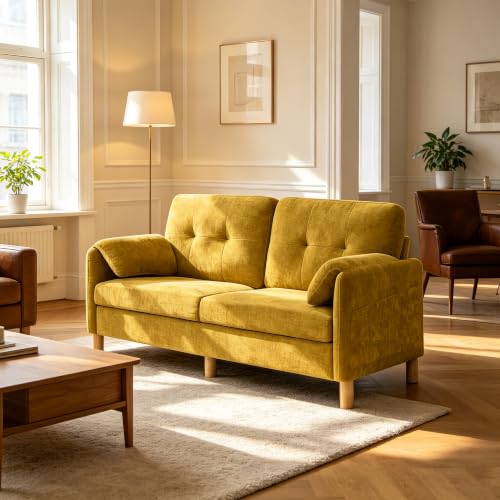 Mid Century Modern Couch, 65" Loveseat Sofa, Yellow | Storage Pockets, Upholstered Small Loveseat for Small Spaces, Bedroom, Home Office, Apartments - color: Yellow