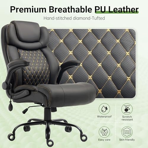 Office Chair, Big and Tall Executive Chair with Air-Lumbar Support, Breathable Desk Computer Chair with Adjustable Flip-up Armrests, Wide Cushion Seat Swivel Home Office Chair - color: Black