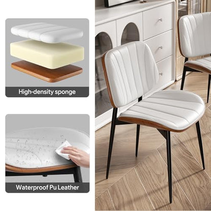 Dining Chair, Mid Century Modern Dining Room Chairs, Upholstered Faux Leather Kitchen Chairs with Walnut Bentwood Back and Metal Legs for Kitchen Dining Room Living Room, White - color: White, size: Set of 1