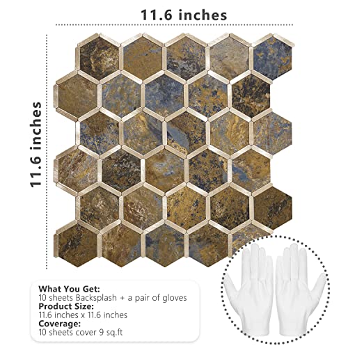 STICKGOO Hexagon Peel and Stick Backsplash Tile, Stick on Backsplash for Kitchen and Bathroom, Rust Slate Look PVC Mixed Metal Gold Self Adhesive Metal Mosaic Tiles(10 Sheets, Seamless) - color: Rust Slate with Metal Gold