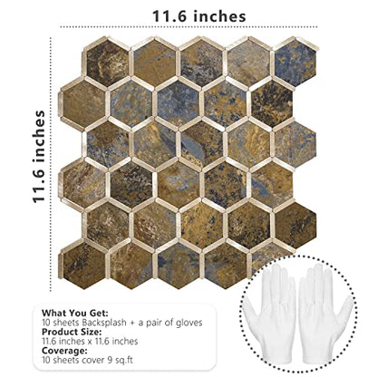 STICKGOO Hexagon Peel and Stick Backsplash Tile, Stick on Backsplash for Kitchen and Bathroom, Rust Slate Look PVC Mixed Metal Gold Self Adhesive Metal Mosaic Tiles(10 Sheets, Seamless) - color: Rust Slate with Metal Gold