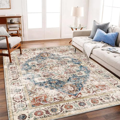 CHAMPLANT Washable Area Rug 10'x14' Beige Blue Boho Chic Medallion Distressed Design Non-Shedding Easy Care Ideal for High Traffic Areas in Living Room Bedroom Office Coffee Table Large Carpet - color: Beige and Blue, size: 10' x 14' (Rectangular)