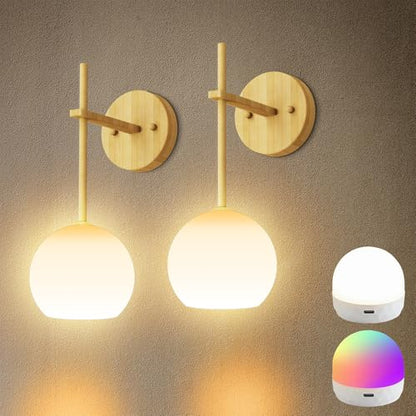 Wood Grain Battery Operated Wall Sconces Set of 2, Rechargeable Wireless Wall Lights with Milky White Frosted Glass, 12 RGB and 3CCT Dimmable Wall Lamps with Remote for Bedroom Living Room Hallway - color: Wood Grain