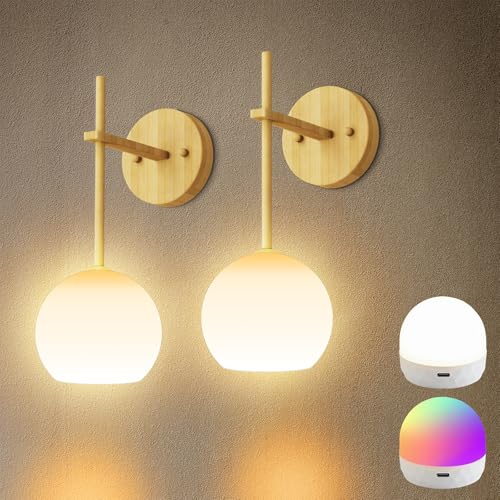 Wood Grain Battery Operated Wall Sconces Set of 2, Rechargeable Wireless Wall Lights with Milky White Frosted Glass, 12 RGB and 3CCT Dimmable Wall Lamps with Remote for Bedroom Living Room Hallway - color: Wood Grain