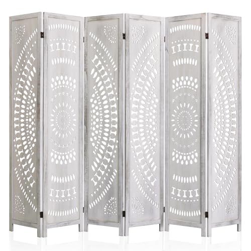 WelFurGeer Handcrafted Carved Wooden Room Divider Screen, Folding Privacy Screen for Room Separation, Decorative Room Dividers, 360° Adjustable Folding Panels for Privacy, Home, Office & Patio - color: White, size: 6 Panels