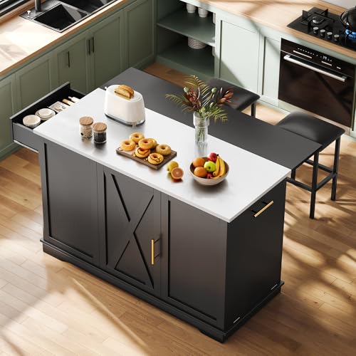 YITAHOME Kitchen Island with Seating | 47" Mobile Storage Island with Trash Can, Drop Leaf & Stainless Steel Countertop, 2 Stools, Spice Rack, Black