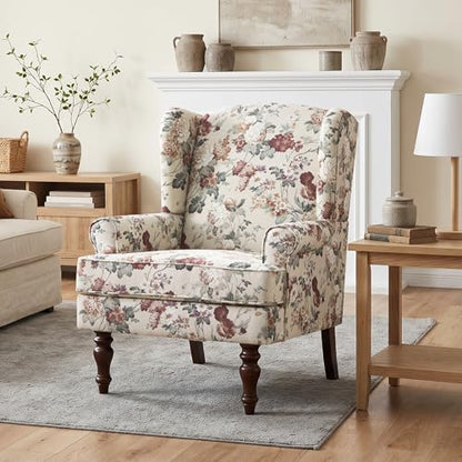 HUIMO Printed Wingback Accent Chair, Linen Upholstered High Back Armchair, Comfy Reading Chair for Living Room Bedroom Study, 300lbs Weight Capacity (1, Red Floral) - color: Red Floral