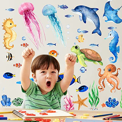 4 Sheets Ocean Fish Wall Decals Stickers Sea Wall Decal Stickers Removable Sea Life Marine Animal Sticker Underwater Ocean Creatures Decor for Kids Girls Boy Nursery Bedroom Bathroom | Vivid Sea Life and Marine Animal Sticker,Removable,Underwater Ocean Cr