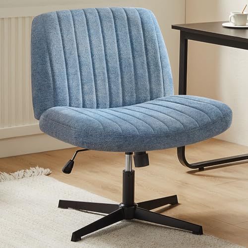 DUMOS Criss Cross Chair No Wheels Legged Office Wide Comfy Desk Vanity Chair, Armless Computer Task Seating, Swivel Home Height Adjustable for Bedroom, Study, Fabric, Blue No Wheel - color: Blue No Wheel