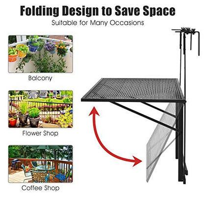 Tangkula Outdoor Folding Hanging Table, 5 Height Adjustable & Foldable Space Saving Railing Serving Table, Width from 1.5 inch to 4 inches, Suitable for Patio, Balcony and Deck - size: 24” x 19” x 24"-32.5”