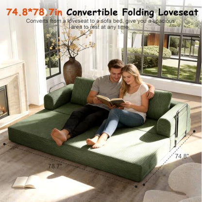 78" Convertible Sofa Bed, Corduroy Pull Out Couch with Fixed Frame & Pocket | 5-in-1 Boneless Sleeper Sofa, Couch Bed with 2 Pillows, Living Room, Small Spaces, Bedroom, No Assembly - color: 78''dark Green