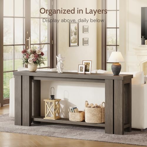 70.9 Rustic Grey Farmhouse Console Sofa Table Behind Couch Entryway Wood | Thick 2-inch engineered wood tabletop with embossed texture