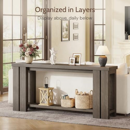 70.9 Rustic Grey Farmhouse Console Sofa Table Behind Couch Entryway Wood | Thick 2-inch engineered wood tabletop with embossed texture