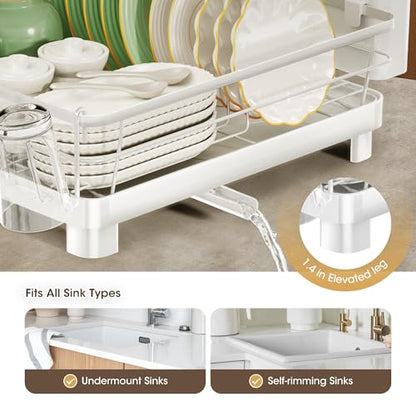Runnatal Dish Drying Rack with Drainboard for Kitchen Counter and Sink | Large Dish Rack Rustproof Dish Drainer with Detachable 2-in-1 Utensil Holder, Extra Cup Holder, White - color: White, size: Standard