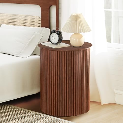 Round Fluted Side Table Set of 2, 17.7" Mid-Century Modern End Tables, Wooden Bedside Table Round Nightstand Small Circle Sofa Accent Table for Living Room, Bedroom Home(Walnut) - color: Walnut, size: 17.7"D x 17.7"W x 21.6"H