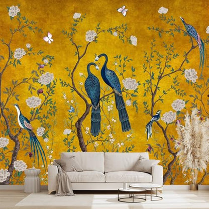 Golden Chinese Style Flowers Birds Large wall murals Peel and Stick Wallpaper for Bedroom Living Room - 85"x118" - color: W04, size: 85"x118"