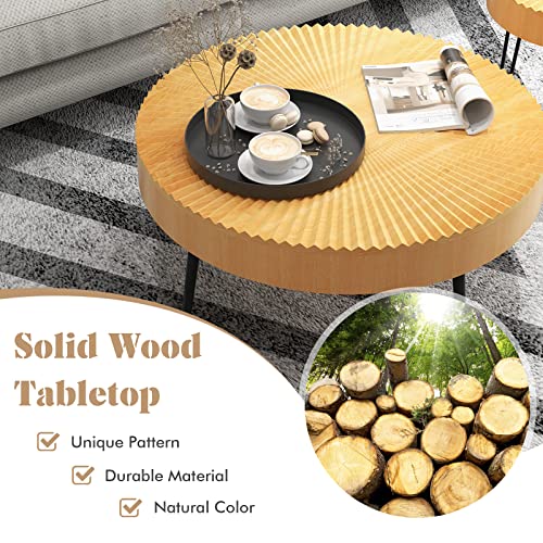 Giantex Boho Round Coffee Table Set of 2, Sofa Side Nesting Table with Solid Pine Wood Top, Metal Legs & Adjustable Foot Pads, 31.5" D Large Table Set for Living Room (Radial Pattern, Natural) - color: Natural, style: Radial Pattern