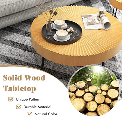 Giantex Boho Round Coffee Table Set of 2, Sofa Side Nesting Table with Solid Pine Wood Top, Metal Legs & Adjustable Foot Pads, 31.5" D Large Table Set for Living Room (Radial Pattern, Natural) - color: Natural, style: Radial Pattern