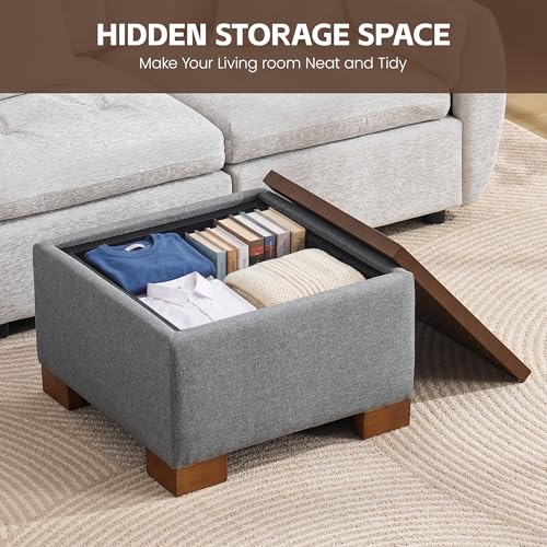 WUTUTUEE 24" Square Ottoman Coffee Table with Storage, Fabric Ottomans with Tray and Solid Wood Legs for Living Room, Bedroom and Apartments, Small Modern Ottoman Tea Table with Lift-Off Lid, Grey - color: 24'' Grey Fabric