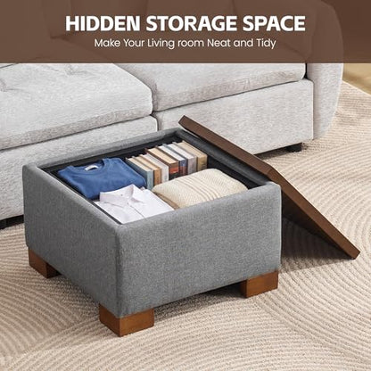 WUTUTUEE 24" Square Ottoman Coffee Table with Storage, Fabric Ottomans with Tray and Solid Wood Legs for Living Room, Bedroom and Apartments, Small Modern Ottoman Tea Table with Lift-Off Lid, Grey - color: 24'' Grey Fabric