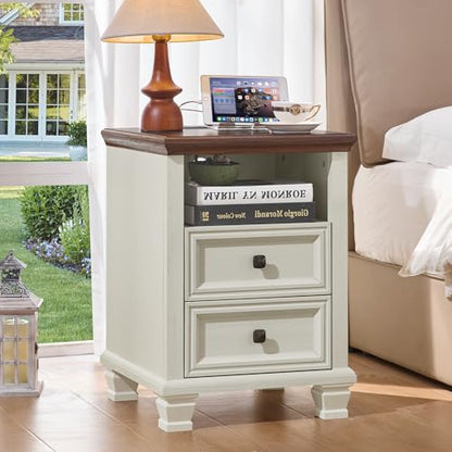 Farmhouse Side Table with Charging Station, White | Antique Nightstands for Bedroom with Drawers, Bedside Table with Open Shelf & Thickened Top & Square Wooden Legs - color: White, size: 18"D x 18"W x 25"H (2 Drawers)