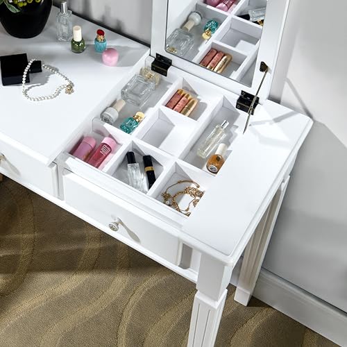 LEEMTORIG 31.5" Solid Wood Small Vanity Desk with Flip-top Mirror, Compact Wooden Writing Desk with Drawers, 3 in 1 Secretary Desk/Dressing Table/Nightstand for Small Space, White SZT-D0036-WT - color: White