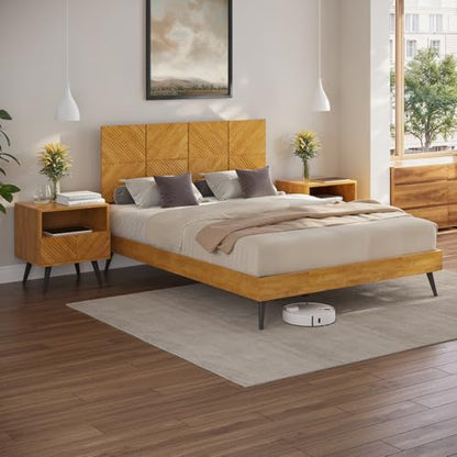Bme Rhombus Queen Bed Frame – Solid Rubber Wood with Geometric Rhombus Headboard, Teak Brown Finish, Scandinavian Modern Platform Bed with Sturdy Slats & Metal Legs, No Box Spring Needed - color: Teak Brown, size: Queen, style: Scandinavian