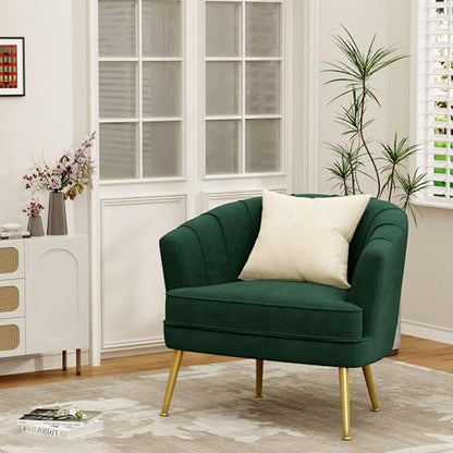 Velvet Accent Chair, Barrel Armchair, Green | Velvet Upholstery, Golden Metal Legs, Comfy Barrel Back, Modern Style, Living Room Bedroom Office - color: Green, size: 1 Chair