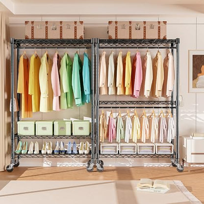 M MZG Heavy Duty Rolling Garment Rack 3 Tiers Adjustable Wire Shelving Clothes Rack with Rods and Side Hooks,Storage Closet Clothing Rack with Wheels Black 17.7" D x 47.2" W x 83.6" H - color: Black, size: 3 Tier with 1 rod, 17.7"D x 47.2"W x 83.6"H