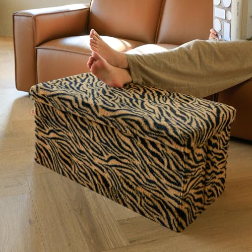 Luxe Faux Fur Storage Ottoman, Tiger Tan/White, 30 x 15 x 15 in | Engineered Wood, Tool-Free Assembly, Modern Style, Seat And Footrest - color: Tiger Tan/White, size: 30"D x 15"W x 15"H
