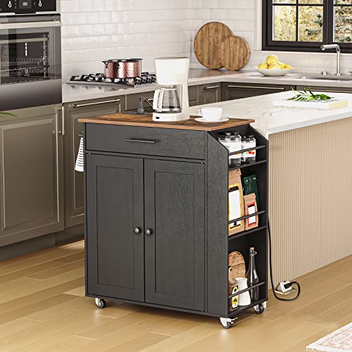 HOOBRO Kitchen Island with Power Outlet, Storage Island with Spice Rack and Drawer, Rolling Kitchen Cart on Wheels, for Home, Dining Room, Rustic Brown and Black - color: Rustic Brown + Black