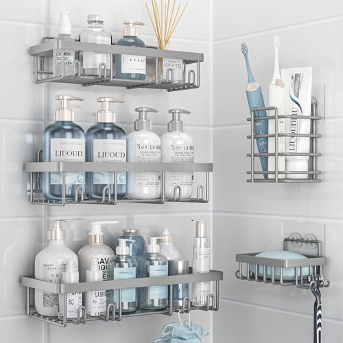 Liuoud 5 Pack Shower Caddy for Inside Shower, Grey Bathroom Storage Decor | Large Rustproof Stainless Steel Organizer with Strong Adhesive, No Drilling Wall Mounted Shelves, Bathroom Accessory Set - color: Grey, size: Large