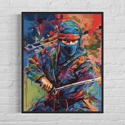 Ninja Art Print Poster, Wall Art Painting Decor. Paint Splash Style Artwork. (Ninja, 16x20 inches + (Black Frame)) - color: Ninja, size: 20"L x 16"W