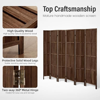6 Panel Wood Room Divider and Folding Privacy Screen 67″, Brown | Solid Paulownia Wood Room Partition with 360° Hinges, Freestanding Wall Divider for Room Separation, Home, Bedroom, Office - color: 6 Panels Brown, size: 6 Panels