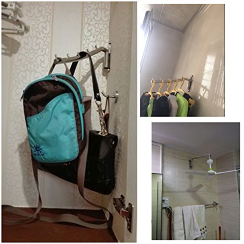 Sumnacon Wall Mounted Clothes Hanger Rack, Stainless Steel Garment Hooks with Swing Arm Holder, Space Saver Coat Robe Storage Organizer for Laundry Room Bedrooms, Clothing Drying Rack with 5 Hooks - color: Silver