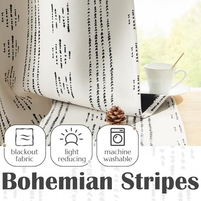 jinchan Boho Blackout Kitchen Tier Curtains, 36 Inch, Black on Beige | Black geometric print on warm beige, soft blackout backing, 2 panels, rod pocket, for kitchens, bedrooms, RVs and campers - color: Blackout Backing | Black on Beige, size: 25"W x 36"L