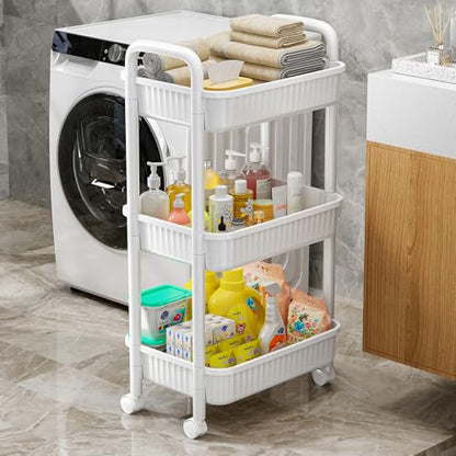 JOYZAN 3 Tier Rolling Carts with Wheels, Utility Cart with Handle and Locking Caster, Storage Cart for Kitchen, Office, Bedroom, Suitable for Diaper, Art Tools, Snack, Craft Storage Cabinet, White - size: White-3 Tier