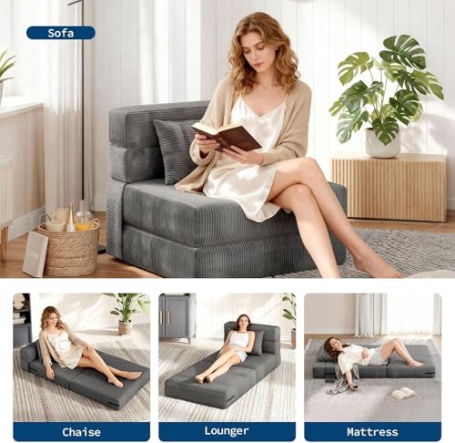 73" Folding Sofa Bed Sleeper Chair, Convertible Futon Couch with Pillow, Single Size Foldable Mattress for Living Room, Dorm, Apartment & Home Office, Modern Linen Fabric,Small