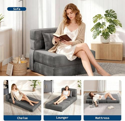 73" Folding Sofa Bed Sleeper Chair, Convertible Futon Couch with Pillow, Single Size Foldable Mattress for Living Room, Dorm, Apartment & Home Office, Modern Linen Fabric,Small