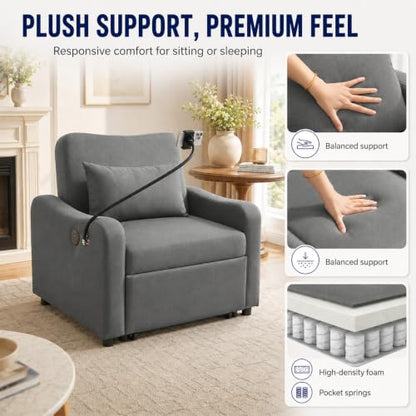 Majnesvon Convertible Chair Bed 3 in 1, Sofa Bed Chair (Dark Gray) | with Adjustable Backrest & Charging Station, Small Space One Person Couch for Apartment, Office, Living Room, Bedroom - color: Dark Gray