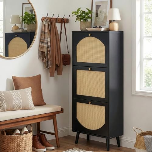 Karl home Black Rattan Shoe Cabinet, 3-Tilt-Out Entryway Storage Organizer | Hidden Shoe Rack with 3 Tilt-Out Compartments for Heels, Slippers and Casual Shoes, Space Saving Entryway Furniture - color: Black, size: 3-Tilt-Out