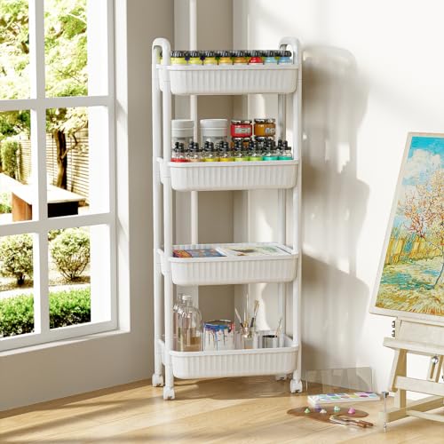 JOYZAN 4 Tier Rolling Carts with Wheels, Utility Cart with Handle and Locking Caster, Storage Cart for Kitchen, Office, Bedroom, Suitable for Diaper, Art Tools, Snack, Craft Storage Cabinet, White - size: White-4 Tier