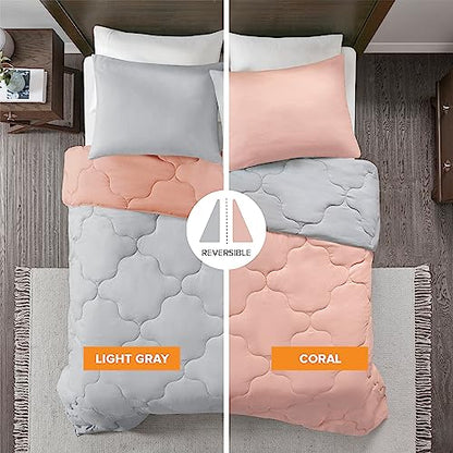 Comfort Spaces Vixie Reversible Comforter Set - Trendy Casual Geometric Quilted Cover, All Season Down Alternative Cozy Bedding, Matching Sham, Coral/Gray, Twin/Twin XL 2 piece | Down Alternative, All Season, Bedding for Bedroom, Geometric Pattern, Revers