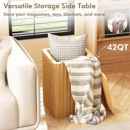 Fluted Side Table with Storage-Small Square End Table | Solid Wood Veneer Top, Accent Tables, Modern Farmhouse Pedestal Drink Tables for Couch, Sofa, Living Room, Natural - color: Natural