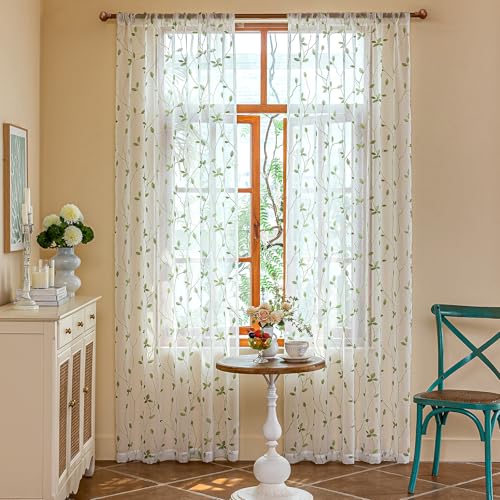 2 Panels Embroidered Leaf Pattern Semi Sheer Curtains Foliage Floral Voile Window Draperies Treatment for Bedroom Living Room Rod Pocket White Light Green 53 x 95 Inch