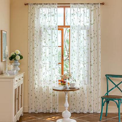 2 Panels Embroidered Leaf Pattern Semi Sheer Curtains Foliage Floral Voile Window Draperies Treatment for Bedroom Living Room Rod Pocket White Light Green 53 x 95 Inch